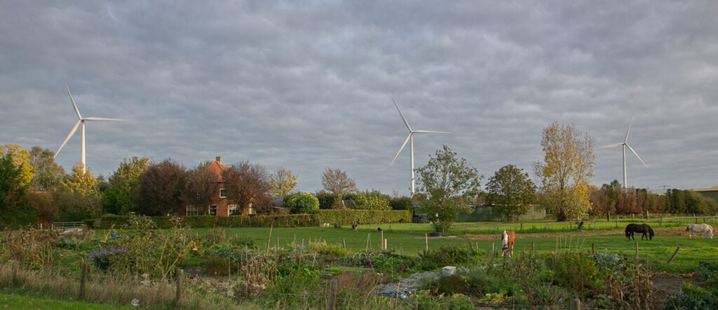 Foto van weilanden met windmolens op de achtergrond.